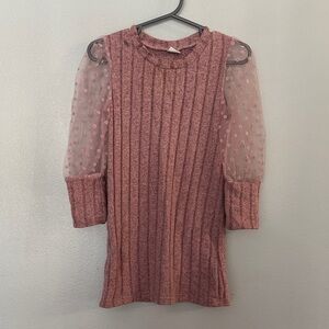 Pink Ribbed Top with Sheer Polka Dot Sleeves